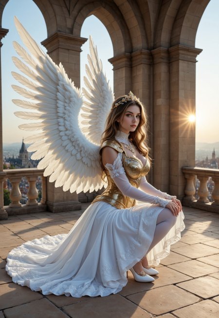 Stunning thin tall fit elegant Female (((stone))) angel, stunningly beautiful face, detailed face, body armour, (((curvy))) , huge wings, crouching on cathedral roof, setting sun, 
extremely intricate details, detailxl