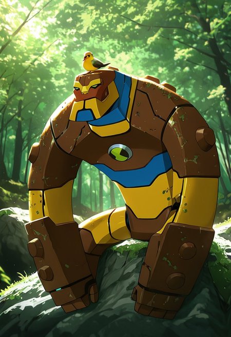masterpiece, best quality, amazing quality, very aesthetic, absurdres, newest,, detailed background, 
 movie scene, cinematic scene, cinematic, 
bloxx, robot, mecha, solo, armor, green eyes,, massive arms, upper body, , big head, massive head, short legs, 
bright day, in forest, brown body, gray body, made from metal. made from wood, made from rock, moss growing on body, sitting on rock, bird on head,