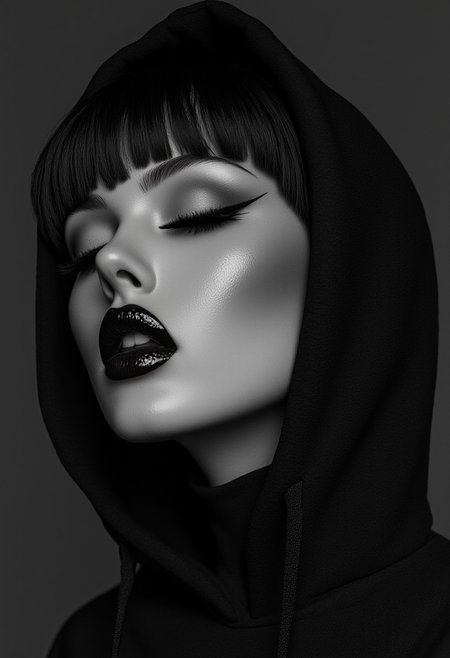 ArtfulNSFW, high-quality full hd 8k, professional cinematic epic movie scene, masterpiece, very aesthetic, 1girl, (18yo), 
best quality, masterpiece, HDR photorealistic image, extremely detailed, great lighting, woman, adult, beautiful girl, curvy body, cute, oval face), 
(Makeup touch-up, cheek, mascara, lipstick, eyeshadow, foundation, concealer, eyeliner), perfect lighting, High Definition HD, High Detail, Perfect Composition, dark fantasy movie, cowboy shot), 
A striking black and white portrait of a woman who exudes elegance and mystery. Her skin is soft and porcelain, contrasting strongly with her dark and bright red lips that are slightly separated, adding a feeling of charm. Her eyes are almost closed, with long and delicate eyelashes that cast subtle shadows on her eyelids. She wears an elegant hood that gracefully covers around her head, framing her face and emphasising her sharp and sculpted features. Her dark and blunt bangs fall perfectly on her forehead, adding a dramatic and modern touch. No hands.The whole composition is minimalist but intense, creating a captivating atmosphere of sophistication and mystery, photorealistic. Showing big breasts.
(Photography by Mimoza Veliu and Mario Giacomelli:1.2), (((Bright and use of high contrast:1.5)))