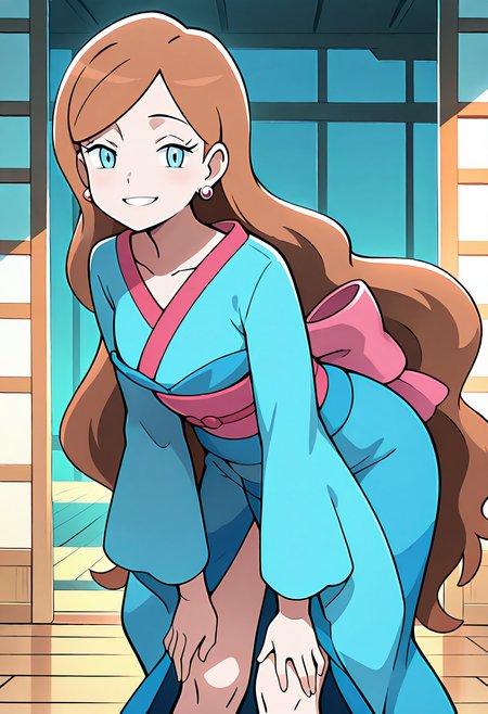 masterpiece, best quality, 1girl, solo, looking at viewer, smile,   zzLinnea, blue eyes, brown hair, long hair, earrings,  blue kimono, sash,  , <lora:LinneaPokemon_IXL_v2:1.0>, bent over, hands on knees, side view, flirty smile, cowboy shot, looking at viewer,