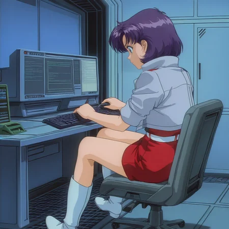 HDA_MasterpieceXLclassic, 1girl, <lora:Hikari_-_Alien_from_Darkness:1> HikariAFD, retro artstyle, 1girl, purple hair, red labcoat, belt, grey jacket, boots, indoors, sci fi spaceship, sitting on chair, working on pc, using keyboard, clevage,