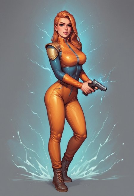 (1girl), dynamic pose
Lyra's iridescent jumpsuit shimmers like a moonlit lake, with neon pink and electric blue accents. Her hair crackles with electricity, styled in loose waves. Eyes burn like hot coals in fiery red and orange
((((full-clothed)))), ((long big pistol in hands, handgun in hands))
BREAK 
((strange world background)) score_9, score_8_up, score_7_up, score_6_up, source_cartoon, rating_explicit, Expressiveh, (((((full body))))), dynamic pose