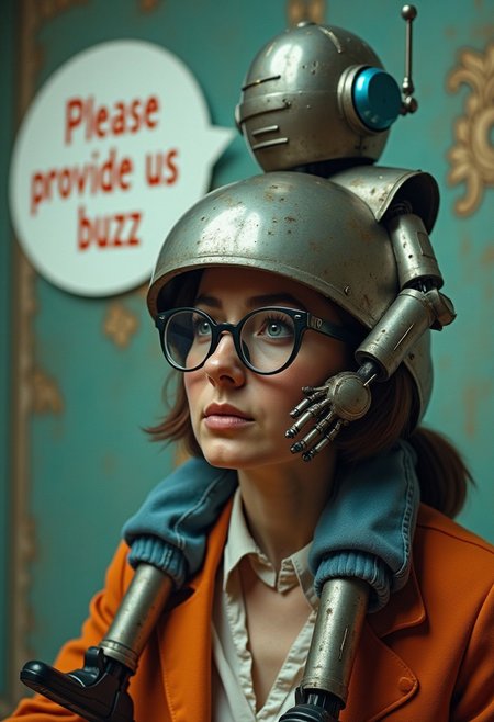 [A ((foundfootage style film still image) verywideangle photograph (photograph taken from a skewed angle), (foundfootage/ shakeycam style))],
 ((a geeky woman is seen wearing thick glasses and a shiny metal bowl on her head), (on top of the bowl on her head is a retrofuturist style radio antenna), (a speechbubble is visibly seen coming from the geeky woman's mouth and in the speechbubble the text "Please provide us buzz" is seen printed in legible font , only the words, "Please provide us buzz" are seen in the speechbubble))
<<BREAK>>
((A retrofuturist metal robot with a blue hexagon , is seen holding a large remote control with an antenna), the robot is riding on the shoulders of the geeky woman)),
[dystopian coalpunk theme, bleak cinematic photograph, dynamic, uhd 16k photograph , ((double exposures)),  very detailed background, ornate details, very detailed background, ]