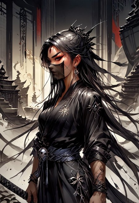 score_9, score_8_up, score_7_up, darkly designed, shadows, splash art, ink bamboo paper, breathtaking detailed, masterpiece, spectacular, resplendent, marvelously, breathtaking Asian woman very, long hair, mouth veil, assassin, black robes, weapons, katana, red spatterd background, silhouetted, light hitting face, <lora:Expressive_H-000001:0.8>, expressiveH     <lora:MythP0rtr4itStyle:0.9> mythp0rt,  <lora:Pony_DetailV1.0:0.9>
