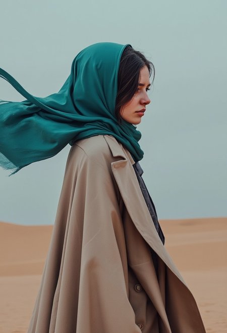 A side profile of a young woman wearing a muted beige cloak, standing in a twilight desert. The only pop of color is a vibrant teal scarf billowing in the wind. The rest of the scene is subdued, with soft beige sands and an overcast blue-gray sky. By Laura H. Rubin