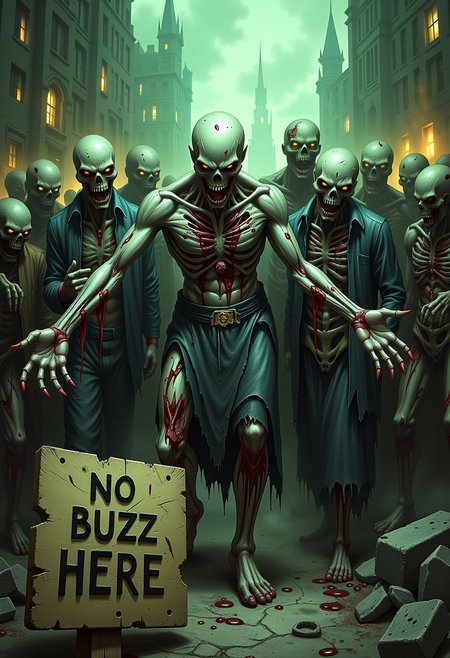 dark fantasy, eerie, horror, painting of a horde of zombies stitches with blood all over their bodies.
The skin of the zombies is pale and rotten. Each zombie wears torn or dirty clothing. Some bones are showing around their bodies.
The zombies stands Infront of a blurred out of focus rundown city scape fires burning in through the windows. They are reaching their hands out towards the viewer. Their mouths are open and they're hungry.
The composition uses a cowboy shot to capture the zombies.
The dominant image colours are green, black and darkest blue. Accents highlighted in yellow. There is a broken wooden sign on the ground with letters etched into the wood that say, "No Buzz Here".
the style of PokeZom,
ArsMJStyle, dnddarkestfantasy