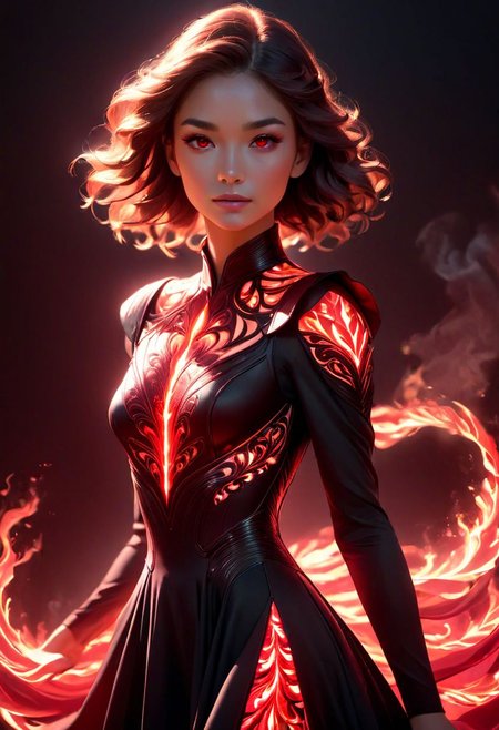 a woman in a black dress with red light on her face, glowing red, red and cinematic lighting, red glowing skin, red glow, cinematic red lighting, darkness aura red light, 3 d neon art of a womens body, red neon, red on black, detailed red lighting, with glowing red eyes, red lighting, dark glowing red aura