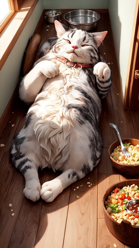 (pixar:1.2), 
A highly detailed 3D render of a cat lying on its back, belly exposed and paws in the air, showing the effects of overeating. The cat's fur is fluffy and well-groomed, and its eyes are closed in a contented sleep. The background features a cozy kitchen with intricate details: a wooden floor, a cat food bowl tipped over, and some scattered food pieces. The room is illuminated by warm, natural light from a nearby window, casting gentle shadows. The composition emphasizes a humorous and endearing atmosphere, with detailed textures, sophisticated lighting, and expressive character features. Accurate and realistic cat anatomy. No humans or anthropomorphic features.
<lora:baclight_slider_v10:-1> <lora:add_sharpness:2>