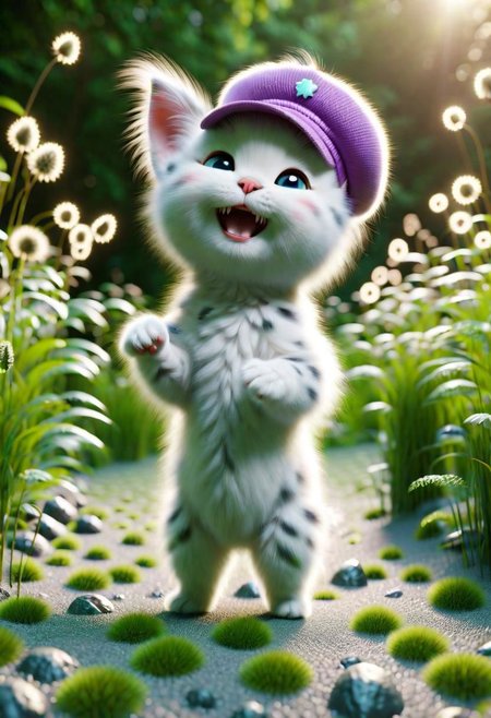 ral-fluff,<lora:ral-fluff:1>,
chibi,masterpiece,best quality,original,official art,kitten,purple hat,grass,blurred background,rendering,beautiful detailed glow,(detailed ice),beautiful detailed water,and I want the Disney Pixar style in a white background painted by watercolor 3DAnimationStyle,