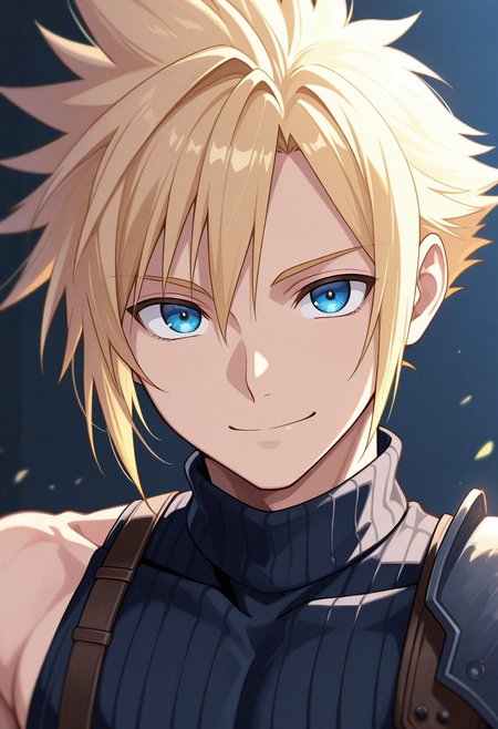 masterpiece,best quality,amazing quality, source_anime,
SoutouKumo, 1boy, male focus, solo, blue eyes, blonde hair, spiked hair, shoulder armor, single bare shoulder, sleeveless turtleneck,  toned male, smile, looking at viewer, portrait,