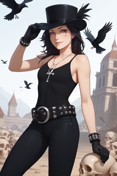 score_9, score_8_up, score_7_up, masterpiece, high quality, BREAK
 <lora:SifMarvelPonyLoRA:1>dethofend, pale skin, colored skin, long hair, tattoo under eye, ankh necklace, black tank top, belt, pants, gloves, bracelet, hat, skull, crow