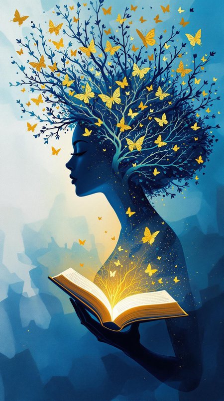 A vibrant and imaginative artwork that combines elements of nature and intellectual pursuit. It features a silhouette of a woman's profile, depicted in a deep blue hue, with her hair transforming into branches that extend upwards. Golden butterflies are scattered throughout the branches, adding a sense of movement and life to the scene. The woman appears to be in a state of serene contemplation, with her eyes closed, suggesting a moment of introspection or dreaming. In front of her, an open book floats, its pages illuminated by a soft, golden light, symbolizing knowledge, creativity, or storytelling. The background is a blend of blue and white, with textured brushstrokes that give the image a painterly quality. The overall composition conveys themes of growth, transformation, and the interconnectedness of nature and human thought. The use of gold and blue creates a striking contrast, enhancing the image's visual appeal and evoking a sense of wonder and inspiration.