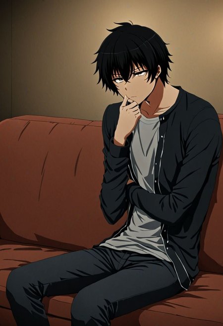 high resolution, solo, best quality, 1Boy, Seiya Kanie, black hair, short hair, thin, deep talk, depression, sit, couch, OverallDetail