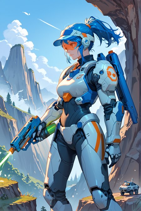 score_9, score_8_up, score_7_up,
 <lora:Versus_Style_Pony:0.7> versus_style 
1girl, mecha armor, sci fi, visor, blue hair, ponytail, energy gun on shoulder, outdoors, cliff,