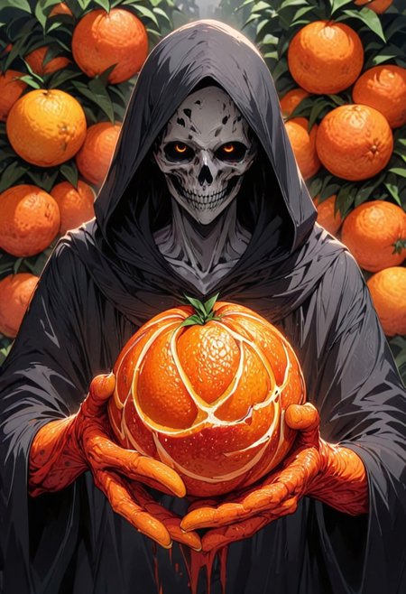 a portrait of the grim reaper, angel of death made out of blood oranges, blood orange style, in a black hooded cloak, holding a (peeler) in his orange hands, eyes half-cut oranges, closeup, front view, masterpiece, best quality, highly detailed