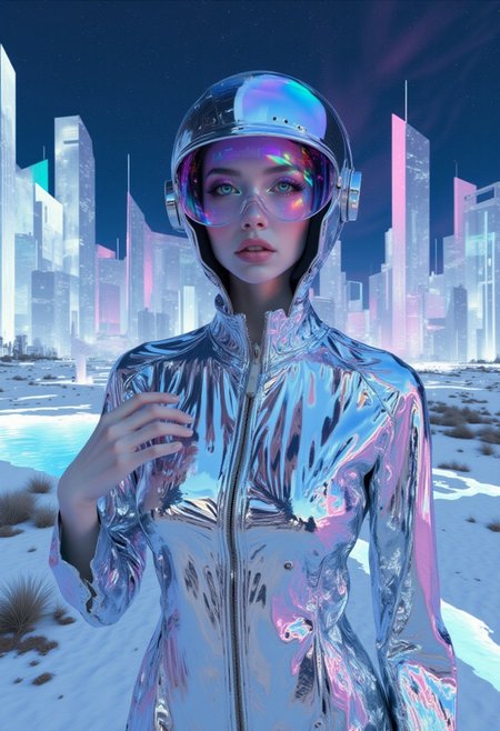 psycho_4rt, aesthetic_pos3, dynamic_pos3, Cinematic, futuristic scene featuring a face-focused and body-focused close-up portrait of a mysterious stunningly beautiful petite slender bombshell female Italian model wearing a tight shiny revealing silver suit. The figure stands in a serene, fantasy-like landscape surrounded by massive modern buildings, under a vast starry night sky. She has beautiful narrow face with flawless sharp model-like facial features and large captivating silver-blue eyes, surrounded by cyan pink purple geometric patterns, evoking an otherworldly aura. Her face shows and expression of awe and wonder, she has long eyelashes and elaborate makeup, long elaborate eyeliner that extends beyond her eyes, smoked eye mascara, holographic rainbow lights of her sexy futuristic helmet visor reflect on her detailed perfect skin and shiny tight suit. she has a fit slender body and an impossibly small waist, microwaist, perfect round bulging breasts. The figure stands poised adjusting a zipper at her bust, revealing cleavage. In the distant background, tall futuristic white marble and glass buildings and skyscrapers rise softly into a horizon with a gentle, ethereal glow, aurora in the sky, enhancing the enigmatic atmosphere. Highly detailed, comic_source, western comics, heavy lines, high contrast, cinematic, vintage neon, colorful fractal, absurdres, very aesthetic, masterpiece