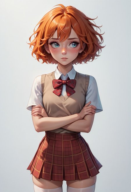score_9, score_8_up, score_7_up, score_6_up, Expressiveh, vibrant colors, extreme face detail,
1girl, Gwendolyn_Tennyson, orange hair, short hair, freckles, ginger, correct anatomy, 
small breasts, skinny girl, sexy, ,slim thighs, small waist, embarassed, looking to the side, blushing, crossed arms,  standing, solo, cowboy shot, good proportions,
, hips to the side, ,realistic proportions, 
white  shirt, brown sweater vest, red plaid skirt, short skirt, white thigh-highs, skin dentation,
front view, white background