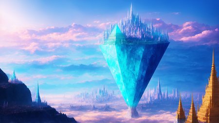 lA magical city built on top of a giant floating crystal, fantasy, ethereal, pastel colors, art by Tithi Luadthong, digital illustration, highly detailed, trending on DeviantArt.