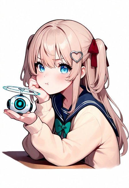1girl, neuro-sama, indie virtual youtuber, green bowtie, blue eyes, blue sailor collar, cardigan, light brown hair, red ribbon, serafuku, silver hairclip, heart hair ornament, hair ornament, sidelocks, two side up, thin lips, pout, solo, looking at viewer, holding, holding drone, head rest, upper body, from side, cropped torso, table, masterpiece, best quality, very aesthetic