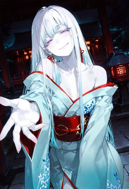 masterpiece, best quality, good quality, newest, highres, absurdres, volumetric lighting,gradient color,
BREAK 
raytracing, volumetric lighting, ambient occlusion, girl, luminescent background, masterpiece, best quality, very awa, absurdres, 
BREAK
Yukinoshita Yukino, Yuki-onna, colored skin, (white skin:1.3), solo, long hair, white hair, luscious lips, model style,
 evil eyes, evil, bullying, sinister, 
BREAK
masterpiece,amazing quality,best quality,ultra-detailed,8K,illustration,CG,shiny hair,clear skin,ultra-detailed-eyes,simple background,cute girl, eyelashes
BREAK,
long kimono, light blue Kimono, off the shoulders kimono, outdoors, shrine, night, moonlight, dutch angle, dark theme, high contrast, reaching towards viewer, foreshortening, smile, half-closed eyes, head tilt, sash,