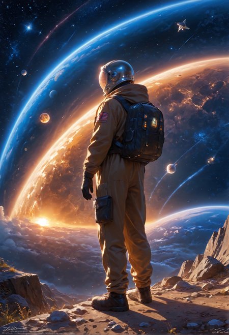 score_9,score_8_up,score_7_up,embedding:zPDXL2, masterpiece,best quality,highly detailed,detailed background, film grain,colorful,glowing,hand person,Expressiveh, , solo, 1boy, standing, male focus, bag, from behind, watermark, backpack, helmet, star \(sky\), scenery, 1other, science fiction, realistic, space, planet, ambiguous gender, spacecraft, spacesuit, astronaut, starship，<lora:增强\(增强)sdxl_lightning_8step_lora.safetensors:1.0:1.0> <lora:增强\(增强)Expressive_H-000001.safetensors:0.8:0.8> <lora:增强\(增强)Hands XL 4.safetensors:1.0:1.0> <lora:增强\glowneon_xl_v1.safetensors:1.0:1.0> <lora:Vixon\收藏\Vixon's Pony Styles Illumi.safetensors:0.8:0.8>