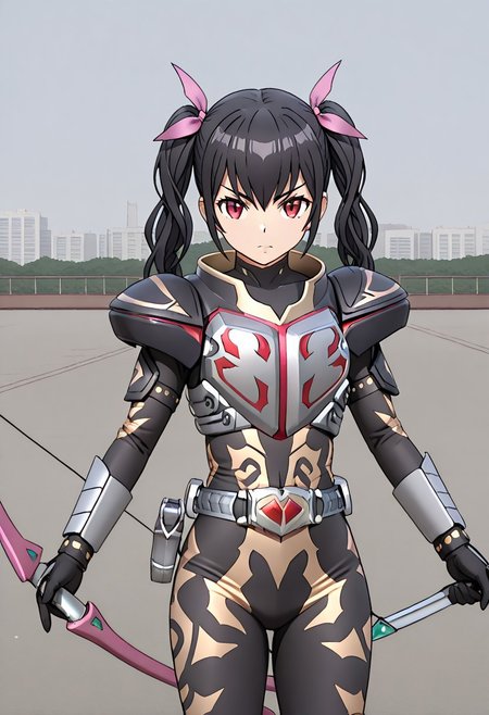 1girl, solo, rurikamgbr, red eyes, black hair, twintails, hair ribbon, krchalice, robot, solo, krchl armor, krchl bodysuit, krchl belt, krchl holster, krchl black gloves, holding bow_(weapon), serious, outdoors, city, cowboy shot,