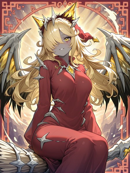 1girl,grey skin,mementotlan angwitch,solo,hair over one eye,sitting,demon girl,looking at viewer,parted lips,smile,facial mark,red headwear,red robe,broom riding,broom,red frame,
masterpiece,best quality,amazing quality,very aesthetic,absurdres,newest,<lora:Mementotlan Angwitch & Mace illusXL v1.1:0.75>,