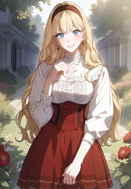 zPDXL3, score_9_up, score_8_up, score_7_up, (Anime_source),Masterpiece,(perfect female body:1.2), small waist,(incredibly detailed:1.4), slim, beautiful fingers, beautiful white skin, Beautiful clear skin, (big breasts:1.2) (thick thighs:1.2), standing, looking at viewer, big breasts, rudbeckia, 1girl, blonde hair, , blue eyes, (facing viewer:1.6) <lora:Rudbeckia_de_Borgia_-_How_to_Win_My_Husband_Over-PONY-Kaleid:1> long hair, red skirt, white shirt, in garden, hairband, smile, facing viewer, corset, perfect hands