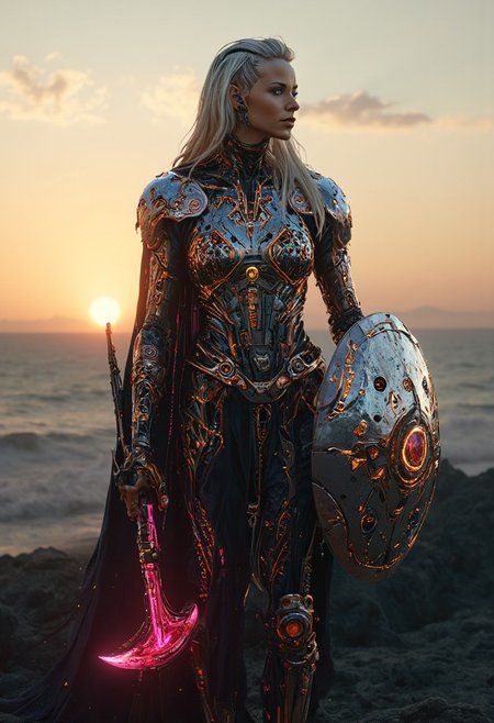 vikingpunk style, as the last sliver of the sun dips below the horizon, casting the world in a soft, warm glow, a cybernetic Viking woman stands tall and proud against the dying light. A sleek high-tech longship shimmers in the twilight.
Wearing futuristic viking power armor, and weilding a plasma battle ax and shield. Her long bleach blonde hair cascades down her back. Her heterochromia eyes captivate the viewer, with a mechanical, dimly lit right eye and a natural human left eye that holds the ancient wisdom of untold secrets and sagas. Her crystalline mechanical arms glint in the fading light, a testament to her fusion of technology and ancient Nordic magic. Nordic and Viking-inspired aesthetic with armor elements, mechanical enhancements, and futuristic technology.