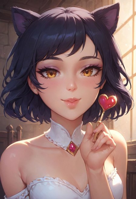 score_9, score_8_up, score_7_up,(masterpiece:1.4), (high resolution:1.4), 
Blake Belladonna (RWBY), black hair, short hair, cat ears, bob hairstyle, pale skin,
1girl, small breasts, petite, 
close-up, alone, 
smile, indoors, medieval dress, Blowing A Kiss From Hand