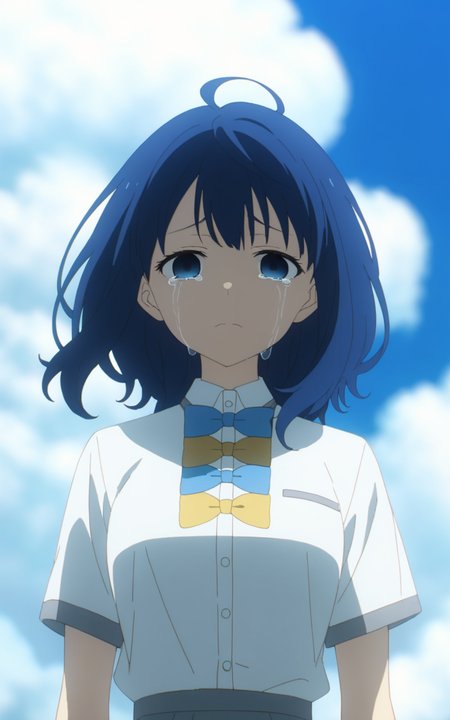 8k, best quality, masterpiece, (ultra-detailed), (high detailed skin), 
<lora:Yanami_Anna-a3-Tanger:0.8>, Yanami Anna, 1girl, blue hair, blue eyes, 
default clothes, white shirt, short sleeves, school uniform, bow, 
beautiful blue sky, cloud, standing, ( upper body), looking at viewer, tears, two eyes without god, both eyes out of focus, empty eyes, (floating hair, windy, wind:1.2),