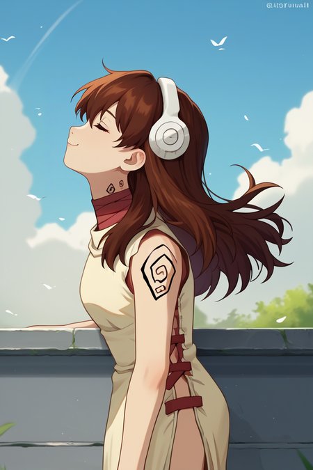 score_9, score_8_up, score_7_up, score_6_up, source_anime, BREAK 1girl, solo,  <lora:dsyuzu-pdxl-nvwls-v1-000005:1> dsyuzu, brown hair, headphones, long hair, red choker, beige dress, sleeveless, tattoo, side slit, from side, blue sky, ledge, hair blowing in the wind, wind, closed eyes, smile, looking up, profile
