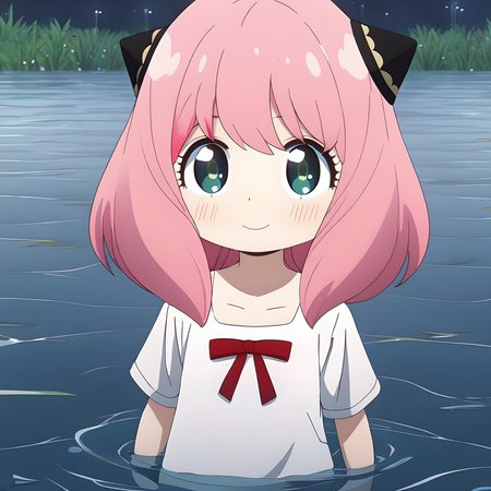 detailed anime style,a cute girl standing in water,with pink hair,<lora:anya  (spy x family):1>,