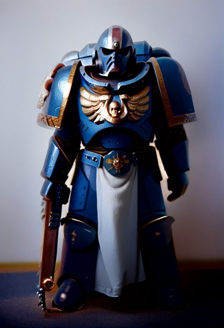 <lora:WH40K_Titus-PONY:0.9> whtitus wielding a chainsword, mature male, solo, ultramarine, emblem, helmet, pelvic curtain, pauldrons, power armor, cowboy shot, white background, score_8_up, score_7_up, score_6_up, score_5_up, score_4_up,