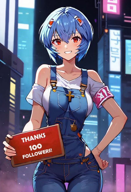 anime artwork , 1 girl,  Rei Ayanami, blue hair, red eyes ,((((( holding sign that says "100"))))),
forceful pose,  cross jewelry, hand on own hip, combing hair with hand, smiling
latex sweetheart top, tight jeans overalls, t-back, loose buckle, armband, open strap,
tall, skinny, narrow hips,
, tender gaze,  open eyes,
<lora:Expressive_H:0.8>,
,score_9, score_8_up, score_7_up, . anime style, key visual, vibrant, studio anime,  highly detailed
BREAK
cyberpunk, cyberpunk bedroom