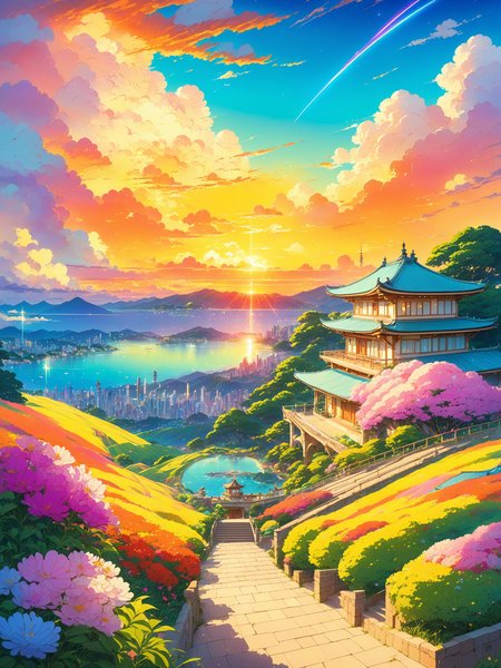 best quality, hdr, hd, cel shading, illustration, masterpiece, vibrant crystalline city, terraces, foreground villa, studio ghibli, matte painting, beautiful nature landscape, art by rhads, trending on artstation, golden hour, cel shading, breathtaking colorful clouds, stars, streaks, makoto shinkai, latex textures, postcard, synthwave colors, foreground wildflowers, supercell
 <lora:last:1.2>