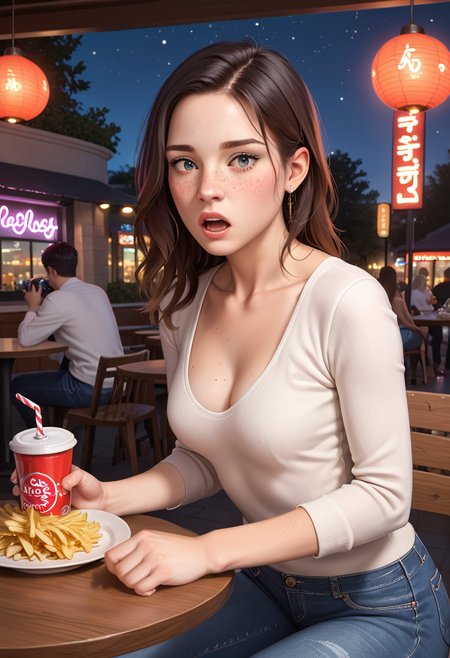 positiv Clip L:
  embedding:Pony\zPDXL3, A stunningly beautiful adult woman sitting across from you in a cozy fast-food restaurant at night. She is wearing casual yet stylish clothes, such as a fitted shirt and jeans, exuding effortless charm. perfect round small breasts cleavage. Her captivating eyes meet yours with an intense, shocked gaze that feels deeply personal and cold. Soft moonlight streams through the large window behind her, casting a cool, ethereal glow on her figure, while the warm, ambient lighting of the restaurant creates a balanced contrast. The table in front of her has subtle details like a soda cup and a tray with fries, adding authenticity to the scene. The background features faint reflections on the glass and soft neon lights from the street outside, enhancing the cinematic and intimate atmosphere. Ultra-detailed, cinematic composition, sharp focus on her expression and eyes, complementary cool moonlight and warm interior tones, shocked expression,  
positiv Clip G:
  embedding:Pony\zPDXL3, A stunningly beautiful adult woman sitting across from you in a cozy fast-food restaurant at night. She is wearing casual yet stylish clothes, such as a fitted shirt and jeans, exuding effortless charm. perfect round small breasts cleavage. Her captivating eyes meet yours with an intense, shocked gaze that feels deeply personal and cold. Soft moonlight streams through the large window behind her, casting a cool, ethereal glow on her figure, while the warm, ambient lighting of the restaurant creates a balanced contrast. The table in front of her has subtle details like a soda cup and a tray with fries, adding authenticity to the scene. The background features faint reflections on the glass and soft neon lights from the street outside, enhancing the cinematic and intimate atmosphere. Ultra-detailed, cinematic composition, sharp focus on her expression and eyes, complementary cool moonlight and warm interior tones, shocked expression,