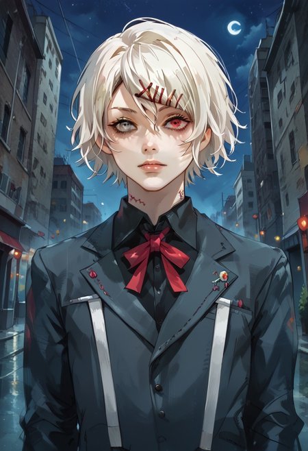 MAIDOLL,
score_9, score_8_up, score_8, anime style, source_anime, 
BREAK, 
 looking at viewer, masterpiece, high detailed skin,  character focus,  depth of field,, curvy, EyesHD, , androgynous, male focus, ncpy43 style, 1sh1da, meowmix, watercolor, 
kaneki,kaneki ken, k,grey eyes,red eyes,black sclera,heterochromia,
1boy, male, femboy, slimes_juuzou, short hair, red eyes, hair ornament, white hair, hairclip, x hair ornament, stitches, black shirt, collared shirt, 
outdoors, , night,  neon,night
(pinup pose, dynamic pose, upper body,  dynamic angle, dutch angle, dynamic action photos, from below)
,cinematic, masterpiece, best quality, ultra-detailed, very aesthetic, high res,
, pureerosface_v1, Expressiveh, intricate_details_xl,,