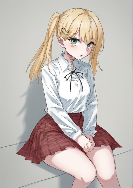 1girl,:o, between legs, blonde hair, character doll, flower, frilled shirt, frilled shirt collar, frills, green eyes, hair flower, hair ornament, hair twirling, hairclip, hand between legs, indoors, long sleeves, looking at viewer, medium hair, miniskirt, no shoes, official alternate hair length, official alternate hairstyle, parted lips, plaid, plaid skirt, pleated skirt, red skirt, seiza, shirt, sitting, skirt, solo, thick thighs, thighs, twintails, white shirt,zPDXL3 <lora:y_ganman3:1>