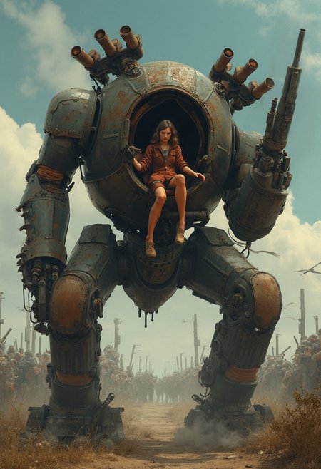 In the melancholic, retro-futuristic style of Simon Stålenhag, a young 22yo female pilot reclines in the open cockpit of her towering steam-powered mech. The mech's  limbs are adorned with exposed gatling guns, heavy cannons, and rusting gears, at rest. The pilot, wearing a pilots leather uniform, rests her feet on the control panel, her calm expression stark against the backdrop of intricate weaponry. In the distance, a steampunk army musters, their armored machines and weaponized soldiers, while the powerful weapons of the mech gleam faintly, hinting at the devastation they are capable of
focus is on the pilot sitting in the cockpit