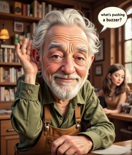 best quality, highly detailed, digital, art by pixar, full coloured, cartoon CGI render, an cute kawaii old man stretches out his ear as if to hear better, in a comic bubble he says âwhat's pushing a buzzer?', fine elaborate details, natural summer lighting