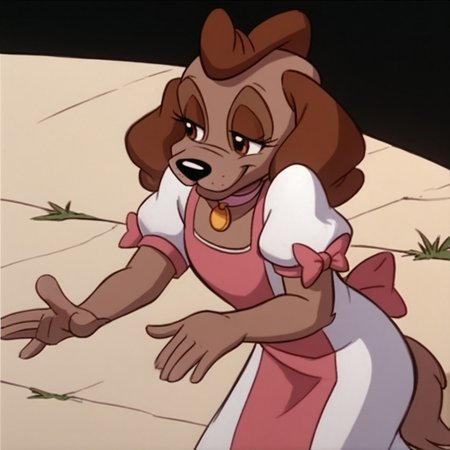 score_9, score_8_up, score_7_up, BREAK, puffy sleeves, black background, smile, short sleeves, hairy female, dog girl, standing, outdoor, choker. Squinting eyes,