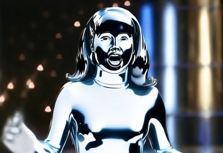 chrome statue of power ranger Aisha, straight chrome hair, chrome hairband, fringe, alone, helmetless, chrome catsuit, chrome turtleneck collar, chrome gloves belt, worried facial expression, gasping, entirely made of chrome, command centre, hyperdetailed photography