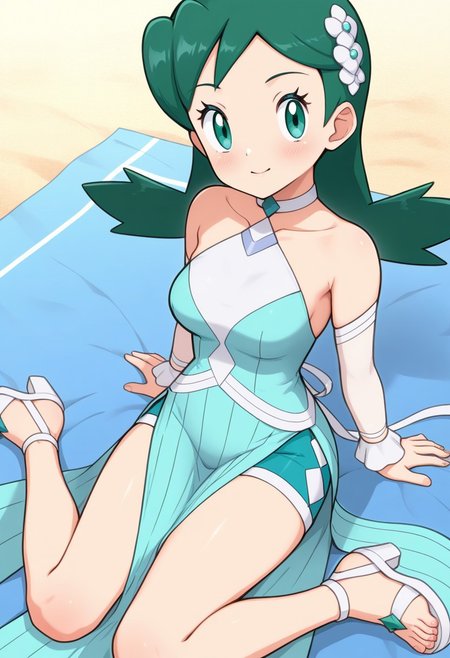 2d, masterpiece, best quality, amazing quality, highres, absurdres, newest, 1girl, solo, sitting, on towel, beach, from above, dutch angle, looking at viewer, medium breasts, 
sygkris, kris \(pokemon\), green eyes, green hair, medium hair, hair ornament, halter dress, bare shoulders, choker, aqua dress, side slit, detached sleeves, wrist cuffs, aqua shorts, shorts under dress, long dress, high heel sandals, white footwear, aqua footwear