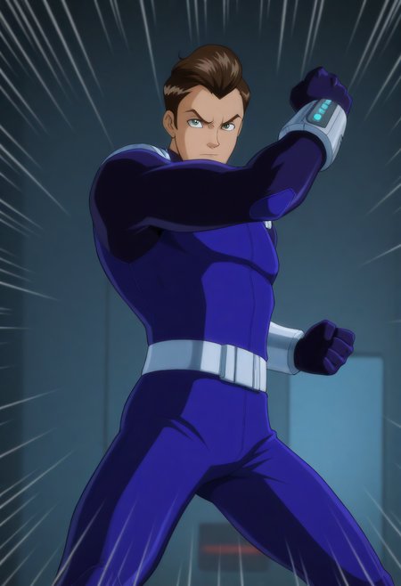 embedding:Illustrious\Positive\IllustriousQual, embedding:Illustrious\Positive\IllusP0s, 1boy, tad_ts!, green eyes, brown hair, slicked back hair, bodysuit, indigo blue catsuit, vambrace device, gloves, fighting stance, emphasis lines, particles, depth of field, best quality, high resolution, masterpiece.