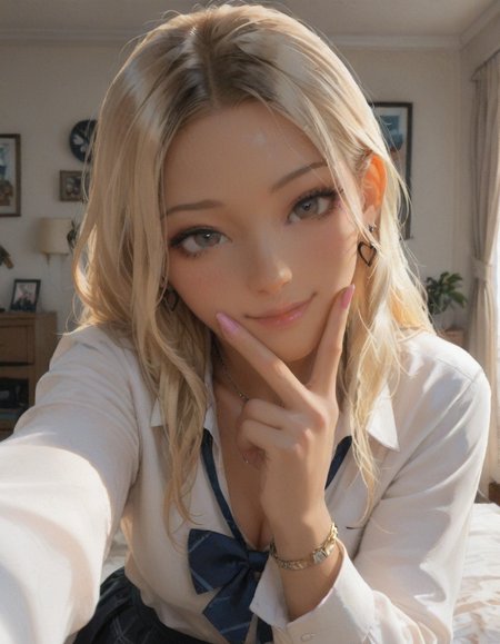 (embedding:IllusP0s:1.2), 1girl, gyaru, smile, bedroom, selfie, v, hand over mouth, Delicate depiction, scenery, detailed background, Impressive, beautiful, fascinating, attractive, fine detail, perfect, sharp focus, professional, expressive, extremely complex, stunning, fantastic, marvelous, excellent composition, amazing atmosphere, sharp details, flawless, masterpiece, best quality, very aesthetic, absurdres, newest, safe, perfect anatomy, high quality, intricate delicate, pristine, detailed, ultra-detailed, highly detailed, intricate details, scenic, Ultra-high resolution, perfect anatomy, 8K, HDR, atnr, feminine, female anatomy