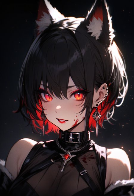 masterpiece, best quality, <lora:RECXL_ANI31_lokr_V43P1NF:0.95>  1girl, animal ears, solo, jewelry, earrings, black hair, extra ears, ear piercing, looking at viewer, blood, gloves, red eyes, black background, black gloves, piercing, short hair, portrait, cat ears, animal ear fluff, parted lips, collar, simple background, head tilt, hair between eyes, black theme, teeth, makeup, colored inner hair, slit pupils, glowing, red lips, blood on face, upper body, open mouth