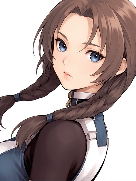 masterpiece,best quality,newest,
1girl,solo,
<lora:Mary_Appleton_ilxl_v1.0:1>,mary_a,twin braids,brown hair,blue eyes,lips,
m_suit,turtleneck,skin tight,bodysuit,crop top,short sleeves,fingerless gloves,leotard,<lora:Fixhands_anime_bdsqlsz_V1:1>,looking_at_viewer,cinematic_angle,looking_at_viewer,white_background,simple_background,upper_body,face_focus,portrait,from_back,looking_back,expressionless,