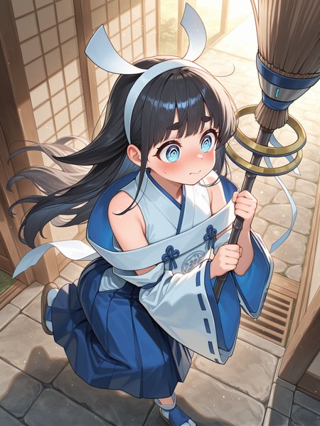 shinonome the vaylantz priestess, 1girl, solo, @ @, white broom, holding white broom, from above, blush, bare shoulders, full body, thick eyebrows, standing, white hairband, white ribbon-trimmed sleeves, white sleeveless kimono, blue hakama skirt, white tabi, blue sandals, two-handed, white breast curtain, running,
masterpiece,best quality,amazing quality,very aesthetic,absurdres,newest,scenery,extreme detail,8k,light particles,soft lighting,volumetric lighting,intricate details,finely detailed,detailed eyes,<lora:Shinonome the Vaylantz Priestess illusXL v1.1:0.75>