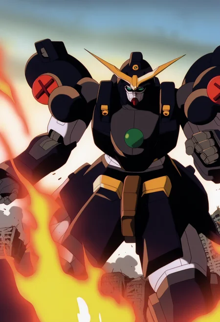 best quality, amazing quality, very aesthetic, absurdres,
BREAK
mecha, gundam, no humans, black armor, blue eyes, science fiction, fire,  war, conflict, solo, destroyed city background,  <lora:GundamWingNoobLocon_byKonan:1>